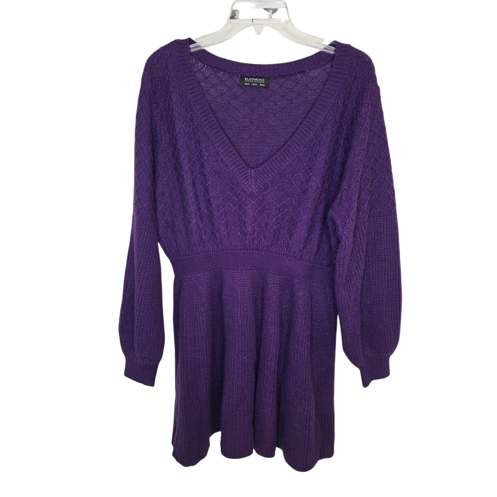 Bloomchic Purple Textured V Neck Long Sleeve Knit Sweater Dress Size 12 - Picture 2 of 10